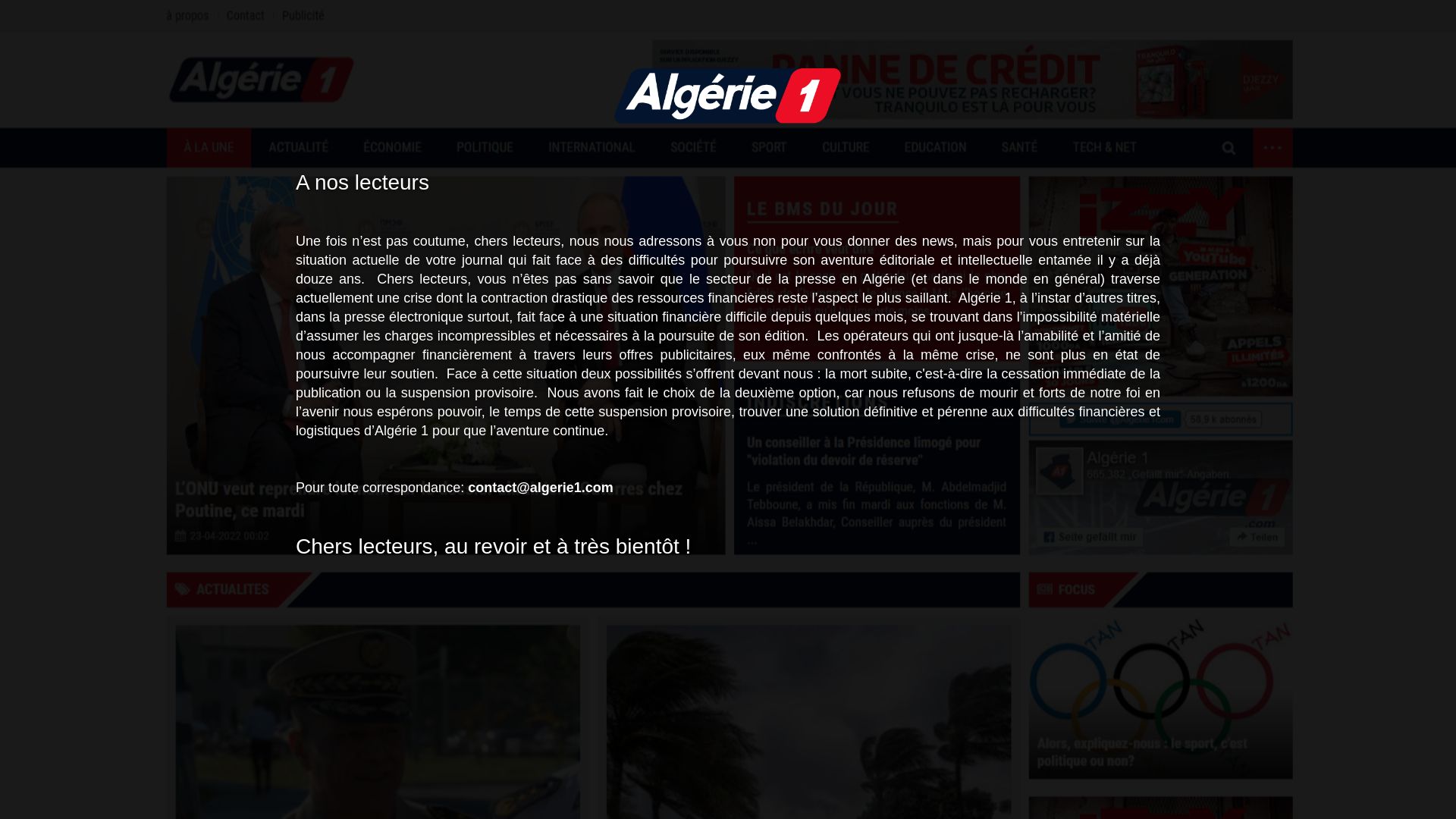État du site web algerie1.com est   EN LIGNE