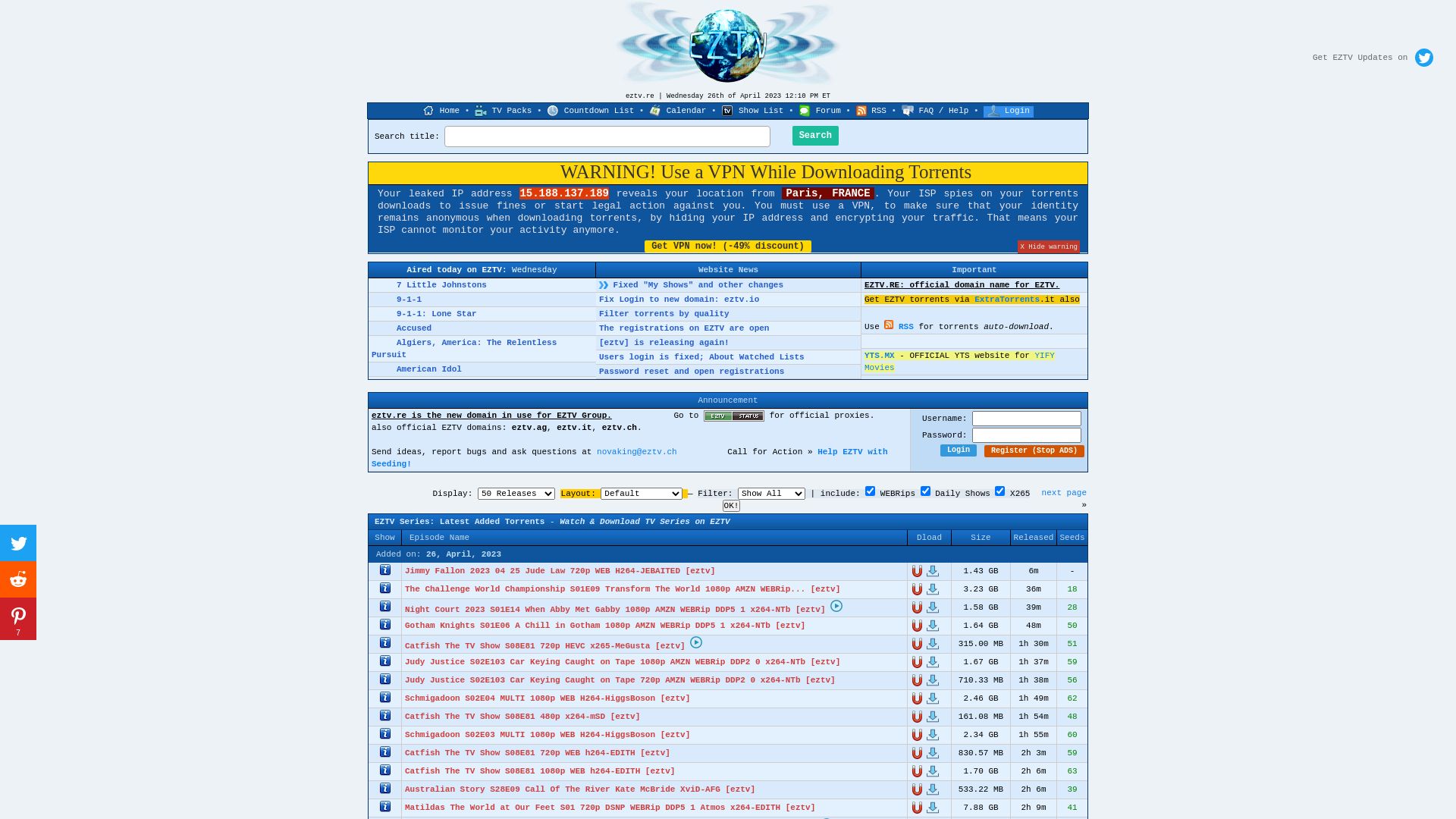 État du site web eztv.re est   EN LIGNE