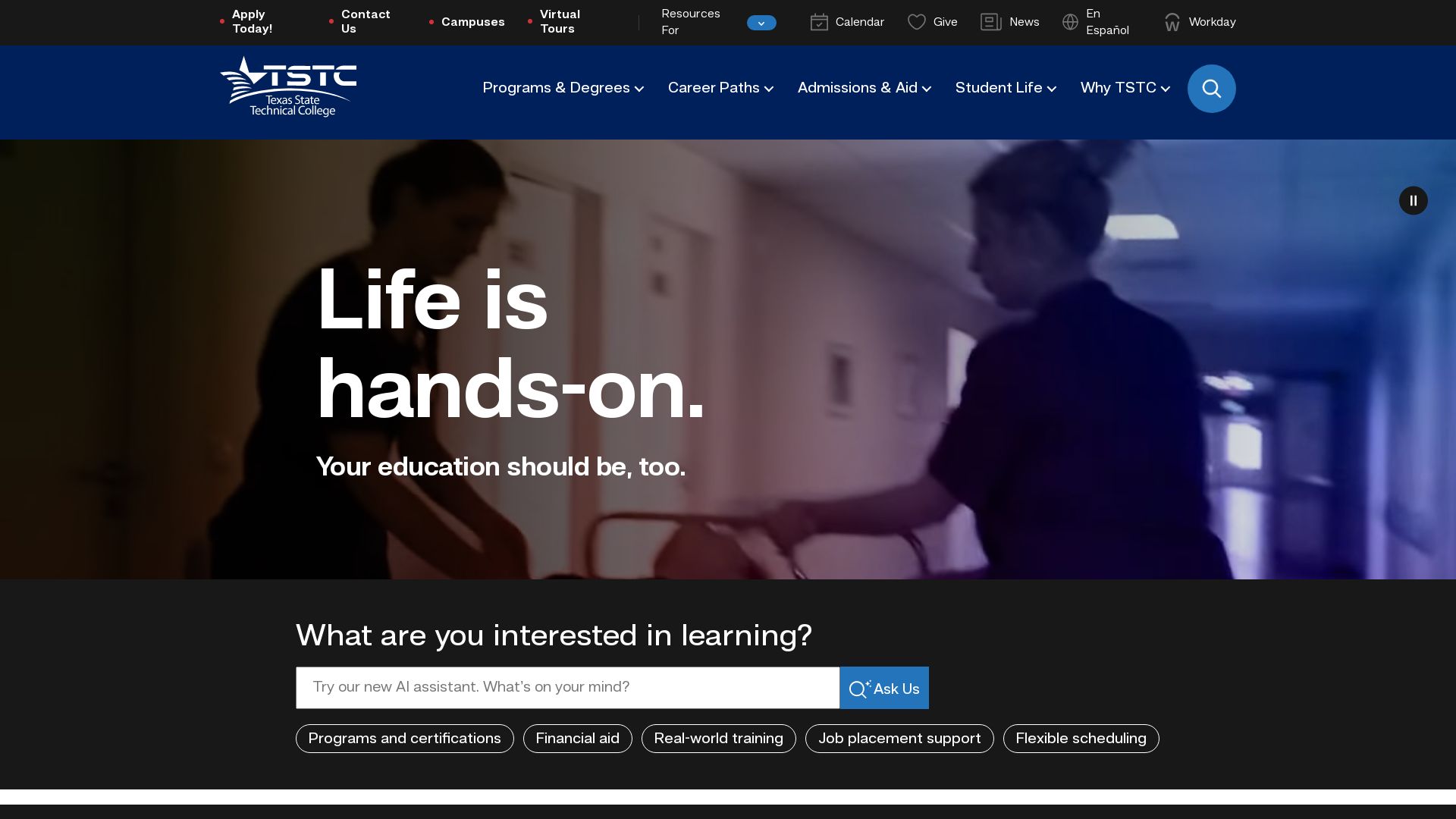 État du site web tstc.edu est   EN LIGNE