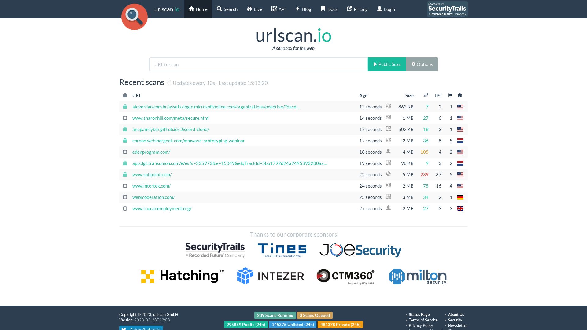 État du site web urlscan.io est   EN LIGNE